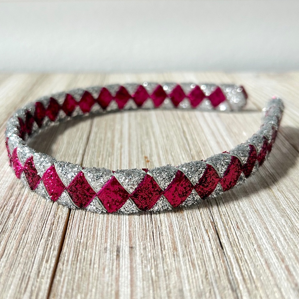 Headband Hand-woven glitter velvet ribbon Hot Pink Silver